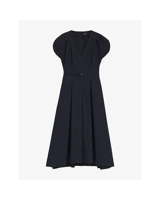 Boss Blue V-Neck Belted-Waist Cotton-Blend Midi Dress