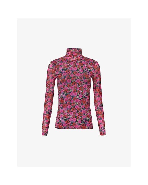 Ganni Red High-neck Floral-print Recycled-polyamide Mesh Top