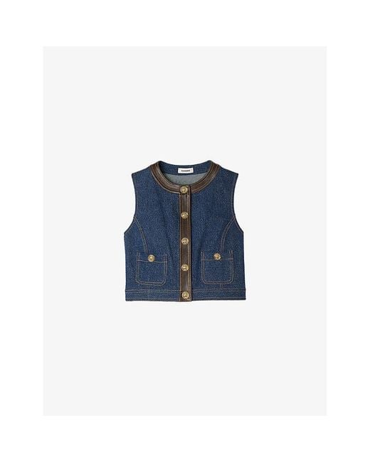 Sandro Blue Leather-Trim Button-Down Denim Top