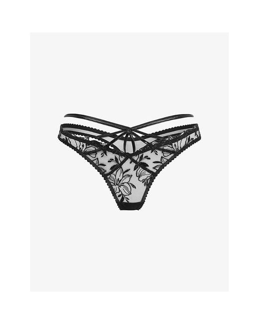 Agent Provocateur Black Ozella Mid-Rise Floral-Lace Thong
