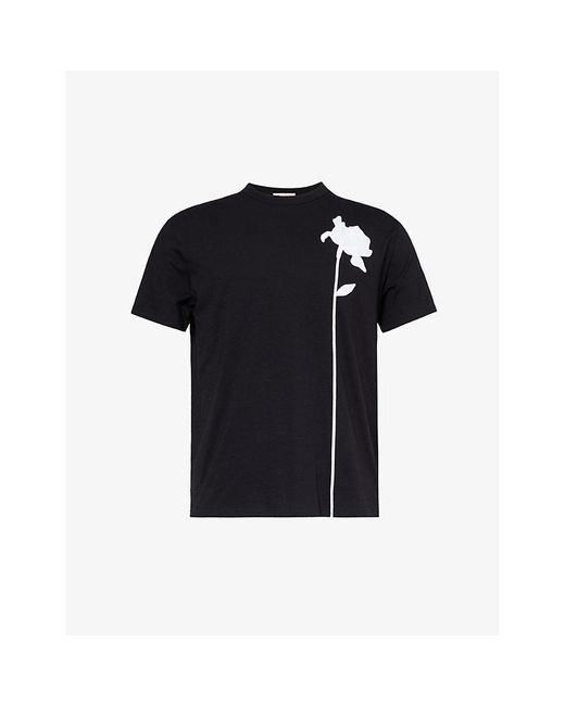 Valentino Black Floral-motif Crewneck Cotton-jersey T-shirt for men