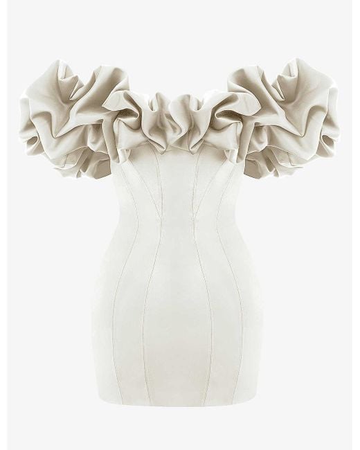 House Of Cb White Selena Ruffle-trim Strapless Satin Mini Dress
