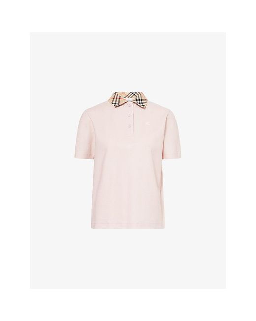 Burberry Women's Pink Check-Collar Logo-Embroidered Cotton Polo Shirt