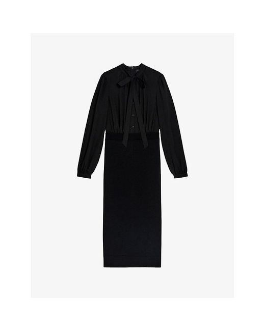 Ted Baker Black Mersea Neck-tie Woven And Knitted Midi Dress