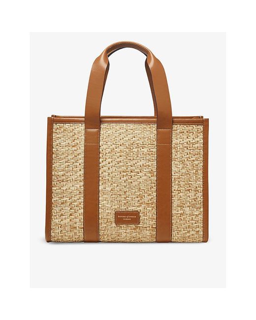 Aspinal Brown Henley Small Raffia And Leather Tote Bag