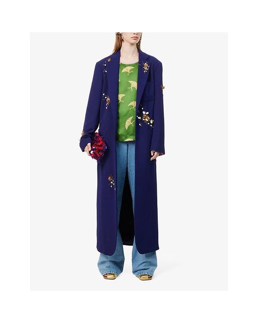 Dries Van Noten Blue Embellished Notch-lapel Relaxed-fit Woven Coat