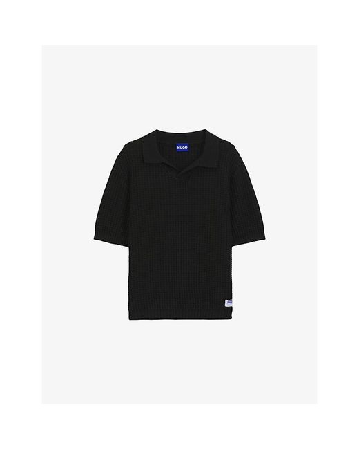 HUGO Black Waffle-Knit Relaxed-Fit Cotton-Blend Polo Shirt for men