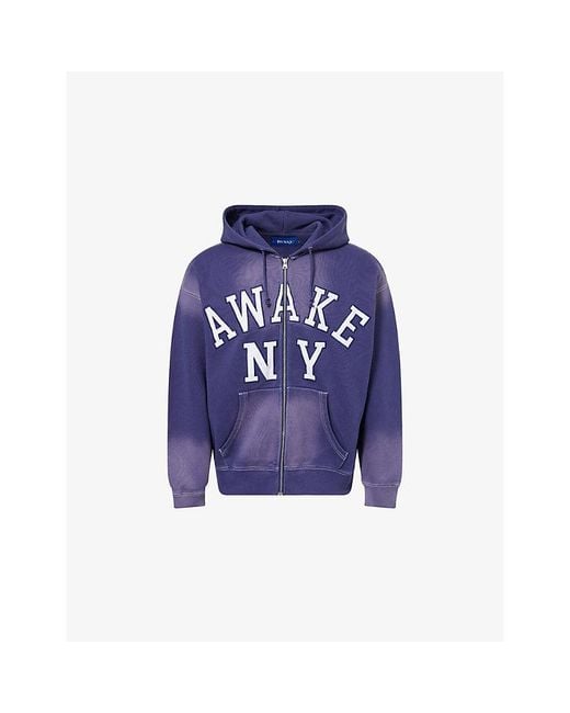 AWAKE NY Blue Logo-Embroidery Faded Zip-Through Cotton-Jersey Hoody for men