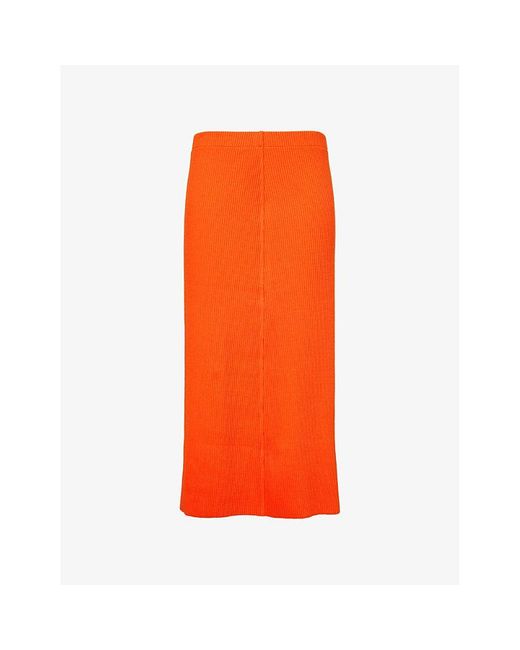 Vince Orange Elasticated-waist Rib-knit Cotton-blend Jersey Midi Skirt