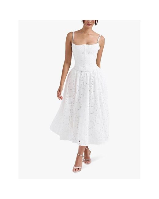 House Of Cb White Francine Broderie-Anglaise High-Rise Cotton Midi Skirt
