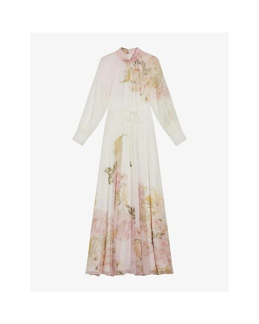 Ted Baker Natural Lealani Floral-print Belted-waist Woven Midi Dress