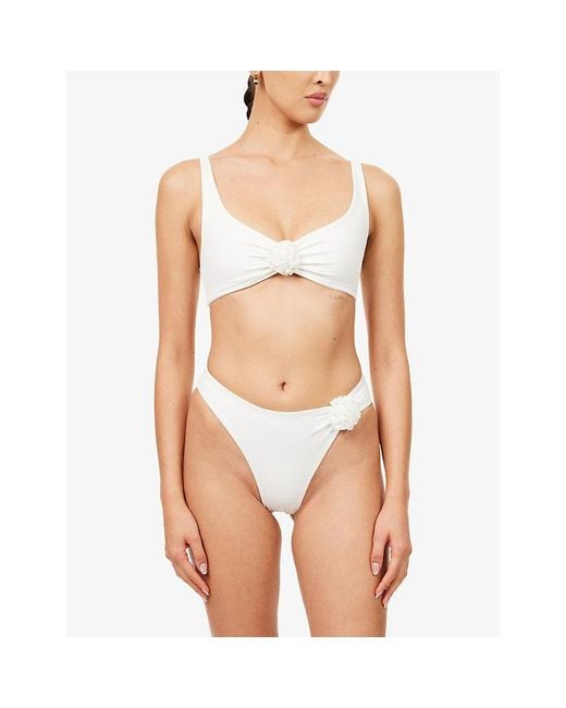 Away That Day White Sardinia Rosette-Embroidered Bikini Bottoms
