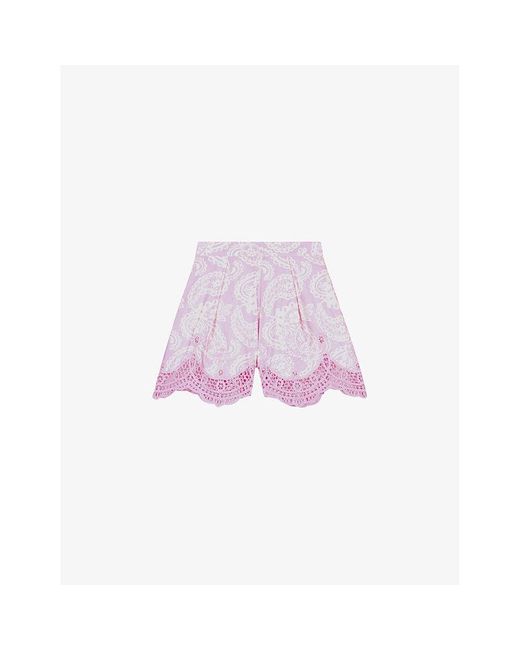 Maje Purple Scalloped-hem Paisley-print Woven Shorts