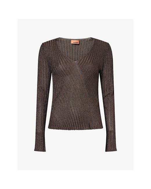 Missoni Brown V-Neck Metallic Rib-Knit Jumper