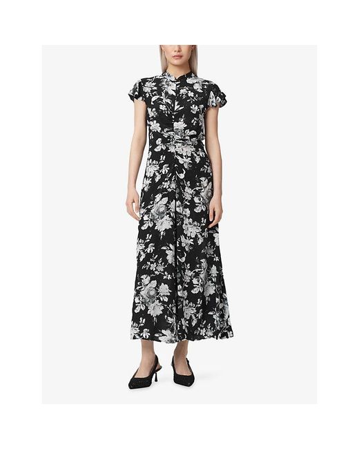 AllSaints Black Lolita Floral-Print Mesh Midi Dress