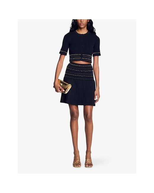 Sandro Black Bead-Embellished Cropped Knitted Cardigan