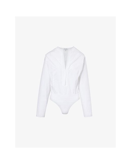 Alaïa White Long-sleeved Round-neck Cotton Bodysuit