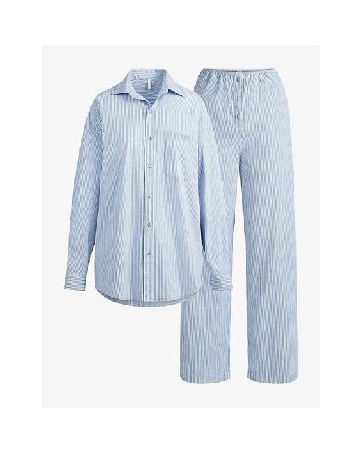 Skims Blue Oversized Striped Cotton Pyjamas Set