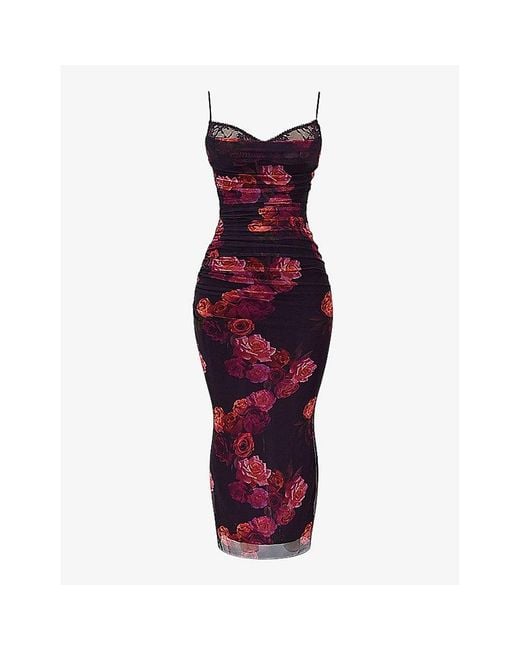 House Of Cb Red Nalini Floral-Print Corseted Stretch-Woven Maxi Dress