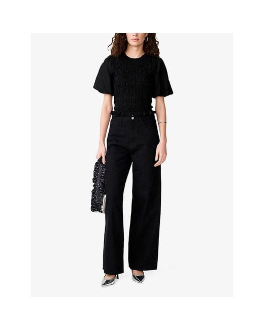 OMNES Black Nicolla Shirred-Bodice Linen-Blend Top