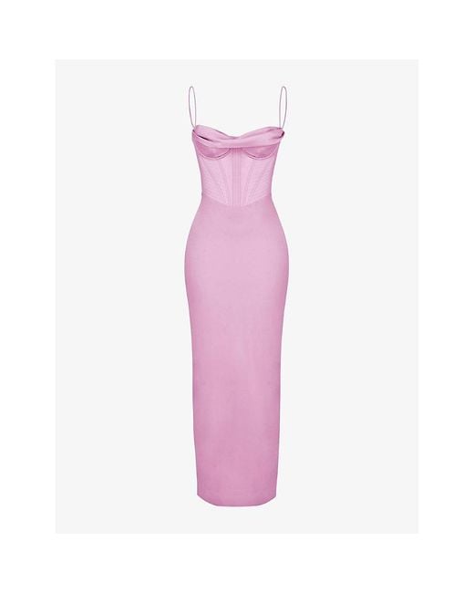 House Of Cb Pink Charmaine Corset Satin Maxi Dress