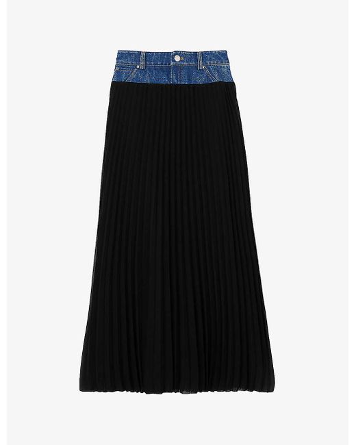 Sandro Black Naya High-rise Denim-waist Woven Midi Skirt