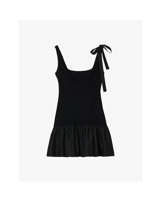 Sandro Black Ruffle-Hem Shoulder-Tie Stretch-Woven Mini Dress