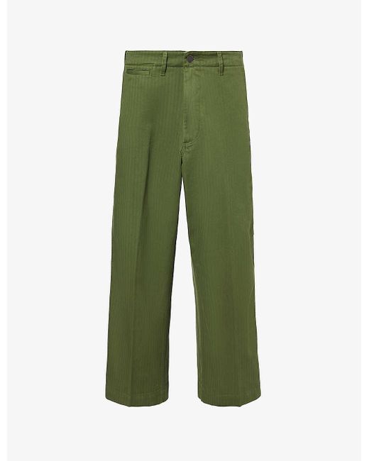 Beams Plus Green Herringbone Regular-fit Wide-leg Cotton Trousers for men