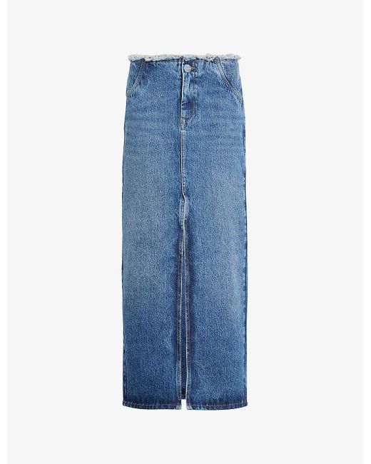 AllSaints Blue Cyra Frayed-waist High-rise Denim Maxi Skirt