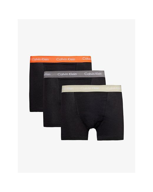 Calvin Klein Black Branded-waistband Mid-rise Pack Of Three Stretch-cotton Trunks X for men