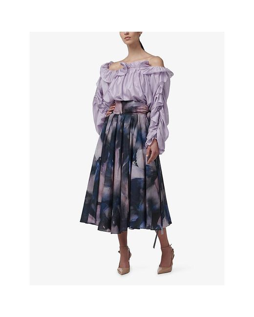 eem Blue Printed Pleated Circular Cotton Midi Skirt