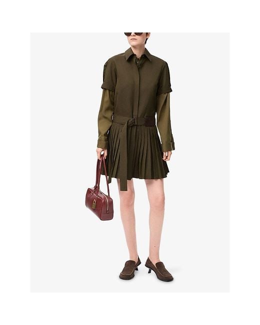 Loewe Green Pleated Short-Sleeve Cotton Blend Mini Dress