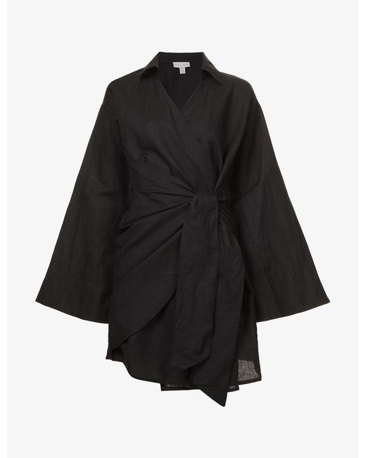 Pretty Lavish Louis Kimono-style Cotton And Linen Mini Dress in Black ...
