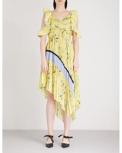 Self Portrait Floral Pleated Asymmetrical Dress in Yellow Lyst UK