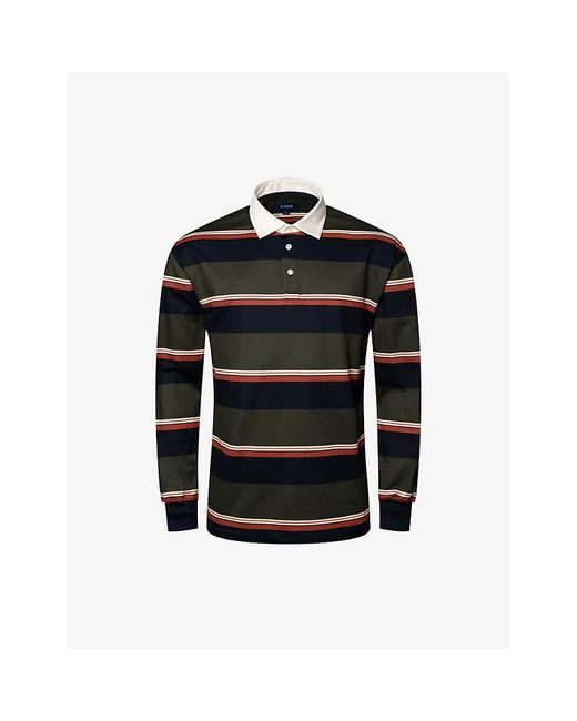 Eton of Sweden Black Dark Stripe-Print Regular-Fit Cotton-Piqué Rugby Shirt for men