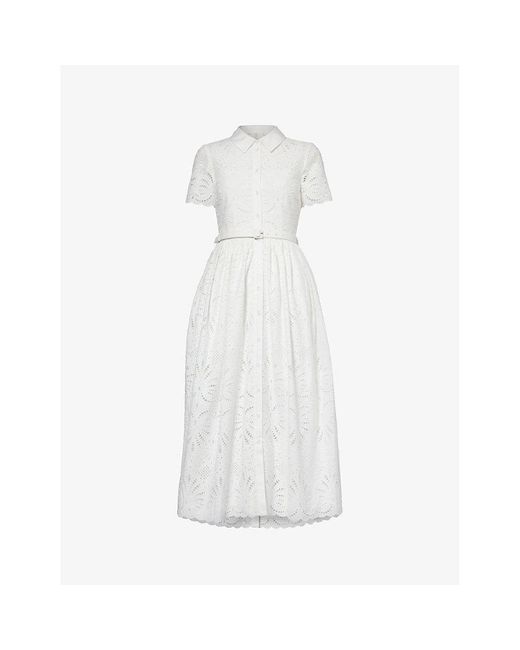Self-Portrait White Broderie-anglaise Belted-waist Cotton Midi Dress