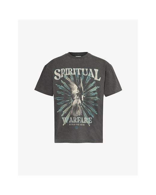 Honor The Gift Gray Spiritual Conflict Graphic-print Cotton-jersey T-shirt for men