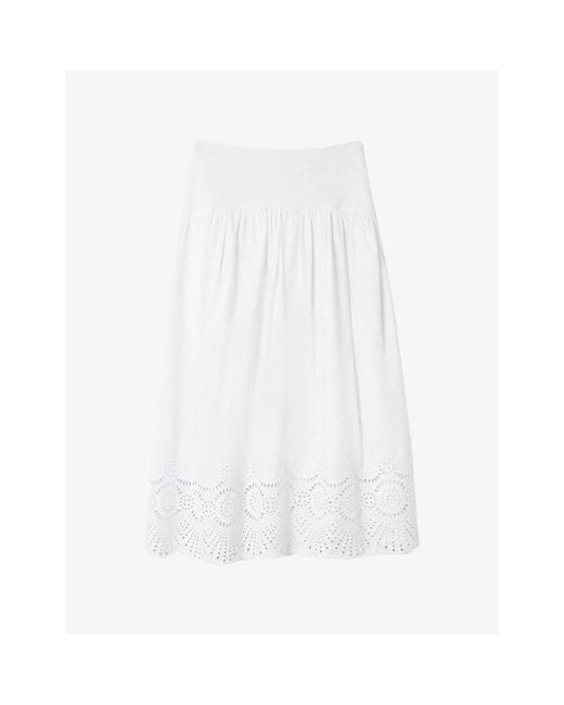 Whistles White Flared Broderie-Trim Cotton Midi Skirt