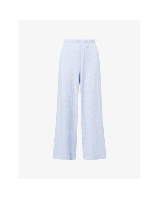 Lounge Underwear Blue Pointelle Floral Cotton-Jersey Pyjama Bottoms