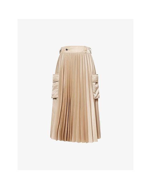 Sacai Natural Pleated Wrap-Front Woven Midi Skirt