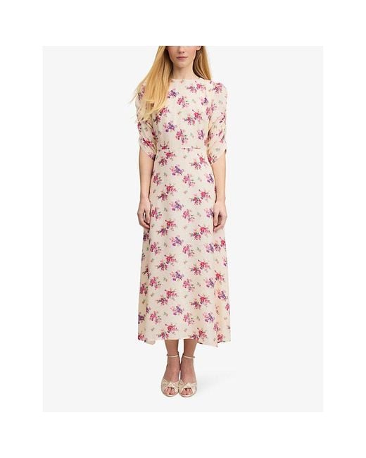 L.K.Bennett Pink Delilah Bouquet-print Ruched-sleeve Silk Midi Dress