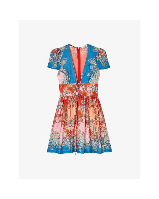 Sandro Blue Graphic-print V-neck Woven Mini Dress