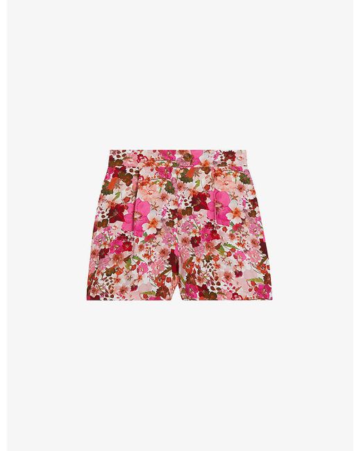 Ted Baker Red Floral-print High-rise Twill Shorts