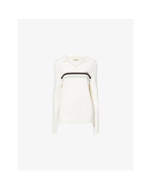ADANOLA White Stripe-Print Knitted Cotton-Blend Polo Jumper