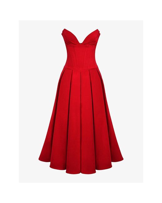 House Of Cb Red Lady Plunge-neck Stretch-cotton Midi Dress