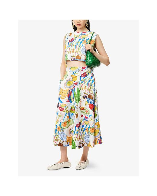 Farm Rio White Fresh Table Pleated Linen-Blend Midi Skirt