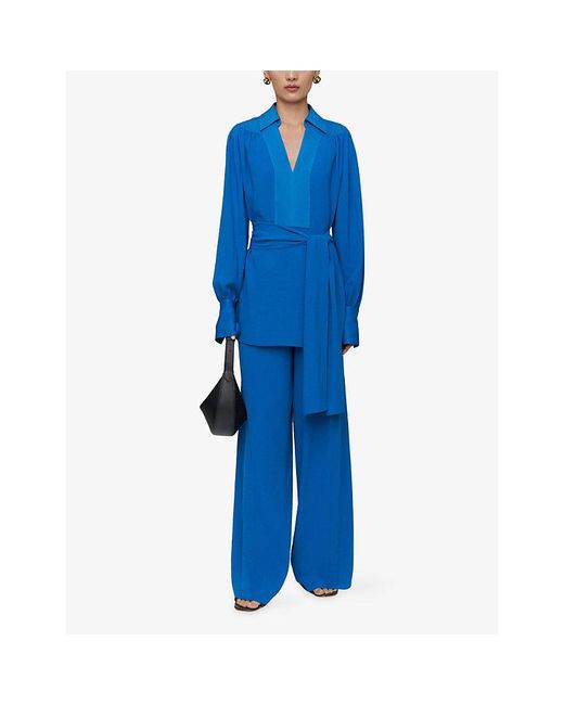 Joseph Blue Bou Belted-Waist Crepe Blouse