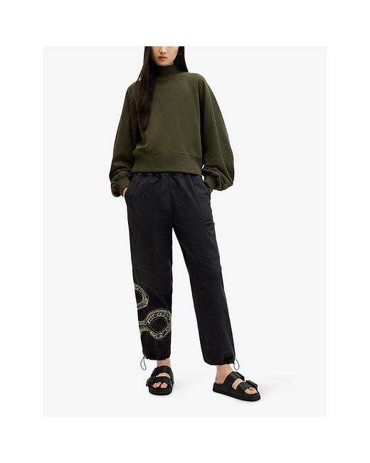 AllSaints Black Yas Snake-embroidered High-rise Stretch-woven Trousers