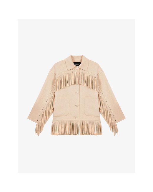 Maje Natural Fringe-Trim Brushed Wool-Blend Coat