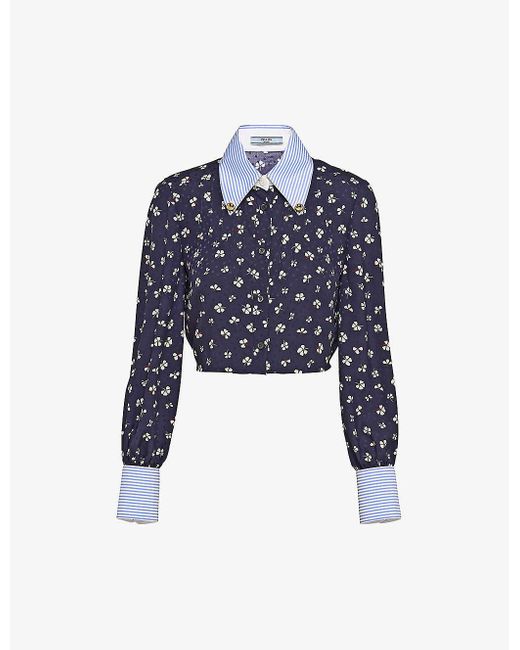 Prada Blue Floral-pattern Cropped Silk Shirt